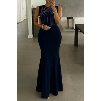 MARSiLYAN- Kadın Omuz çoklu Askılı önü Taş Işlemeli Balık Kesim Janjan Krep Maxi Boy Elbise