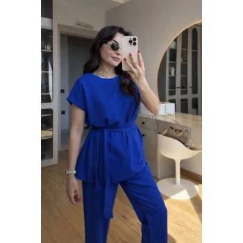 MARSiLYAN- Kadın Omuz Detay Kuşak Dahil Bluz Ve Pantolon Keten Kumaş Ikili Takım