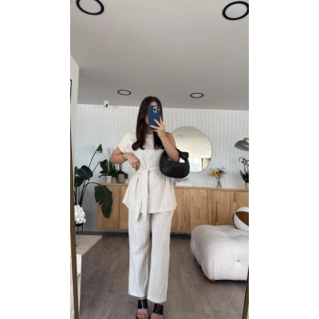 MARSiLYAN- Kadın Omuz Detay Kuşak Dahil Bluz Ve Pantolon Keten Kumaş Ikili Takım