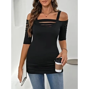 MARSiLYAN- Kadın Omuzlardan Açık Askılı Lazer Kesim Detaylı Viskon Bluz