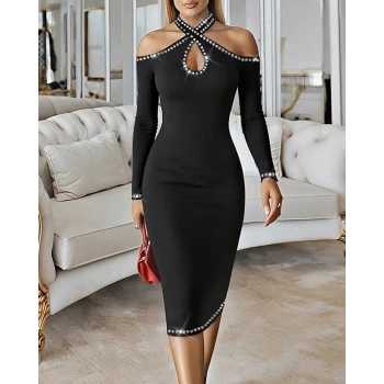 MARSiLYAN- Kadın Omuzlardan Açık Boyundan Geçmeli Damla Detaylı Taşlı Midi Dalgıç Elbise