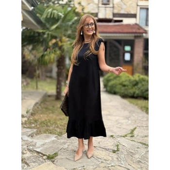 MARSiLYAN- Kadın Omuzlardan Büzgülü Kayık Yaka Fırfırlı Janjan Krep Elbise