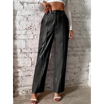 MARSiLYAN- Kadın önden Fermuarlı Cepli Geniş Kesim Lame Deri Pantolon