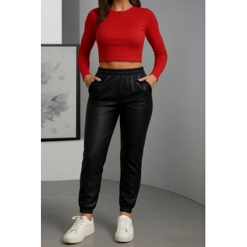 MARSiLYAN- Kadın Paçası Lastikli Cep Detaylı Deri Tayt