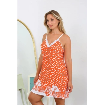 MARSiLYAN- Kadın Pamuk Büyük Beden İp Askılı Desenli Gecelik Turuncu