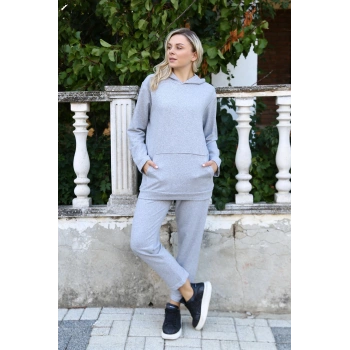MARSiLYAN- Kadın Pamuk Kapşonlu Cepli 3 İplik Gri Eşofman Takım