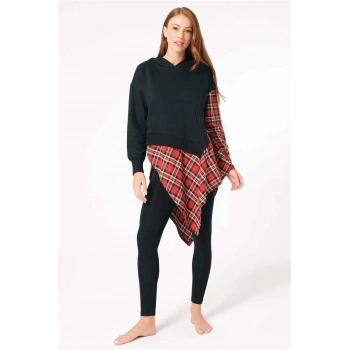 MARSiLYAN- Kadın Pamuklu Ekose Kapüşonlu Uzun Kol Sweatshirt ve Tayt Takım (9748)
