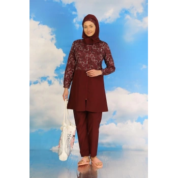 MARSiLYAN- Kadın Pantolonlu Desenli Tam Tesettür Mayo Bordo