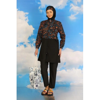 MARSiLYAN- Kadın Pantolonlu Desenli Tam Tesettür Mayo Siyah