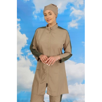 MARSiLYAN- Kadın Pantolonlu Kolu Şeritli Tam Tesettür Mayo Bej