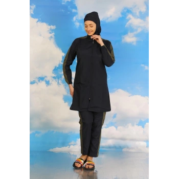 MARSiLYAN- Kadın Pantolonlu Kolu Şeritli Tam Tesettür Mayo Lacivert