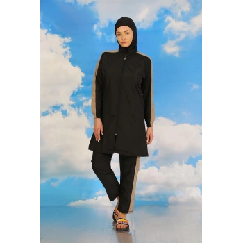 MARSiLYAN- Kadın Pantolonlu Kolu Şeritli Tam Tesettür Mayo Siyah
