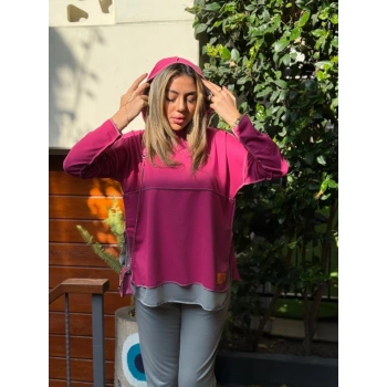 MARSiLYAN- Kadın Pembe Kapşonlu Etek Ucu Detay Arma Ters Dikiş Gorunumlu Ikili Takım