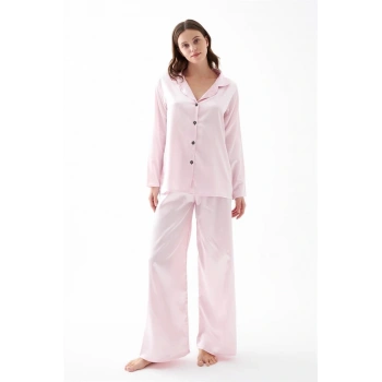 MARSiLYAN- Kadın Pembe Oversize Saten Pijama Takımı – Rahat Kesim Şık Ev Giyim Seti