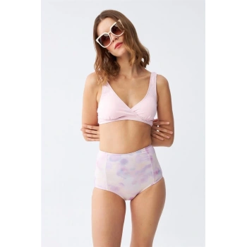 MARSiLYAN- Kadın Pembe Pedli Üst ve Pastel Desenli Yüksek Bel Bikini Takımı