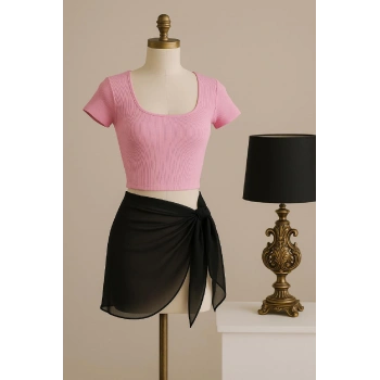 MARSiLYAN- Kadın Pembe Yarım Kol Crop ve Siyah Pareo 2li Set