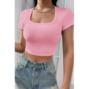 MARSiLYAN- Kadın Pembe Yarım Kol Düz Yaka Crop Top Bluz