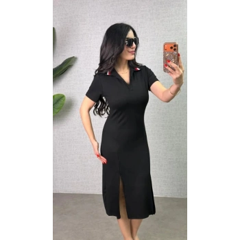 MARSiLYAN- Kadın Polo Yaka çift Yırtmaç Detay Modal Kumaş Midi Boy Elbise