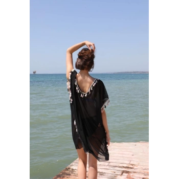 MARSiLYAN- Kadın Püsküllü Tunik Pareo Plaj Elbisesi Siyah