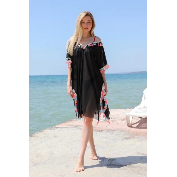 MARSiLYAN- Kadın Püsküllü Tunik Pareo Plaj Elbisesi Siyah