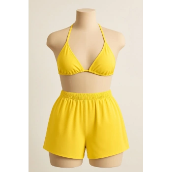 MARSiLYAN- Kadın Sarı Şortlu Belden ve Boyundan Bağlamalı Bikini Takımı