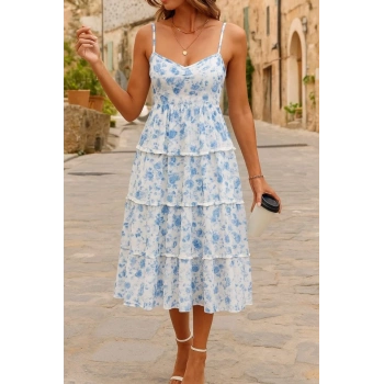 MARSiLYAN- Kadın Sıfır Kol Askılı Dekolteli Yırtmaç Detay çiçek Baskılı Süprem Midi Elbise