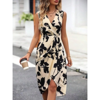 MARSiLYAN- Kadın Sıfır Kol Kruvaze Yaka önden çapraz Kesim Detaylı Desenli Oysho Süprem Elbise