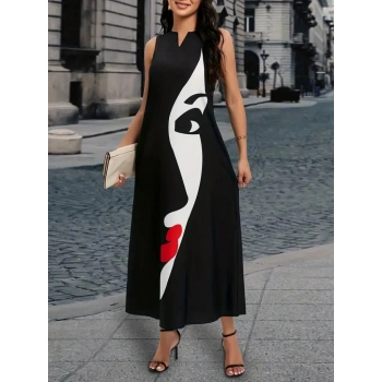 MARSiLYAN- Kadın Sıfır Kol V Yakalı Kadın Yüz Desenli Süprem Elbise