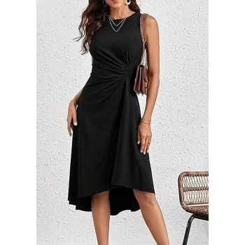 MARSiLYAN- Kadın Sıfır Kollu Bisiklet Yaka Büzgülü Asimetrik Kesim Detaylı Janjan Krep Elbise