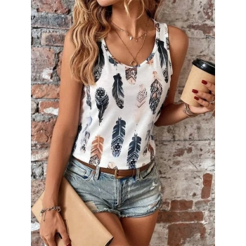 MARSiLYAN- Kadın Sıfır Kollu V Yakalı Yaprak Desenli Süprem Bluz