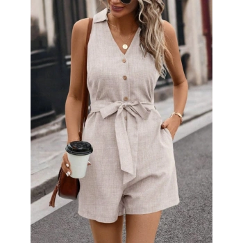 MARSiLYAN- Kadın Sıfır Kollu Yakalı Düğmeli Belden Kuşaklı Kısa Keten Tulum