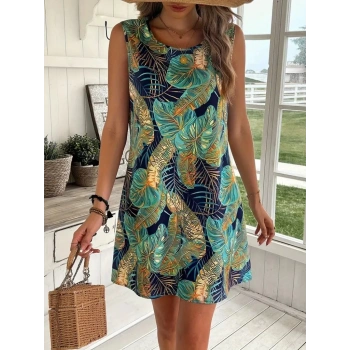 MARSiLYAN- Kadın Sıfır Kollu Yuvarlak Yaka Desenli Süprem Elbise