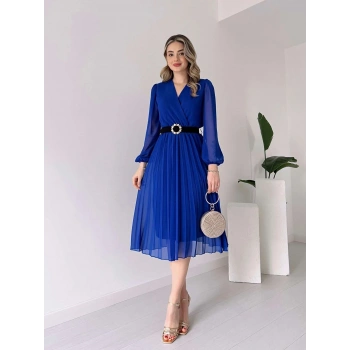 MARSiLYAN- Kadın şifon Kumaş Astalı Kloş Kesim Kruvaze Yaka Midi Boy Elbise