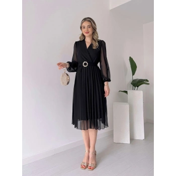 MARSiLYAN- Kadın şifon Kumaş Astalı Kloş Kesim Kruvaze Yaka Midi Boy Elbise