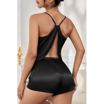 MARSiLYAN- Kadın Siyah Asimetrik Sırt Dekolte Detaylı Şık Şortlu Gecelik Takım