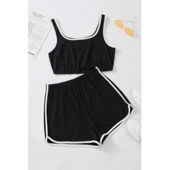 MARSiLYAN- Kadın Siyah Askılı Crop Top ve Şortlu Gecelik Takım