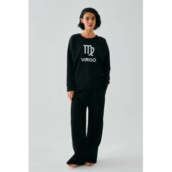 MARSiLYAN- Kadın Siyah Başak Burcu Oversize 2 İplik Eşofman Ev Giyim Takımı