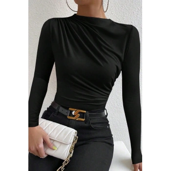 MARSiLYAN- Kadın Siyah Belden ve Boyundan Büzgü Detaylı Uzun Kollu Bluz