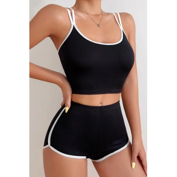 MARSiLYAN- Kadın Siyah Beyaz Çapraz Lastik Detaylı Kaşkorse Şortlu Gecelik Takımı