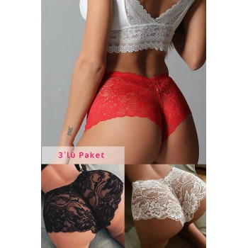 MARSiLYAN- Kadın Siyah Beyaz Kırmızı 3lü Paket Dantel Tanga Şort Külot