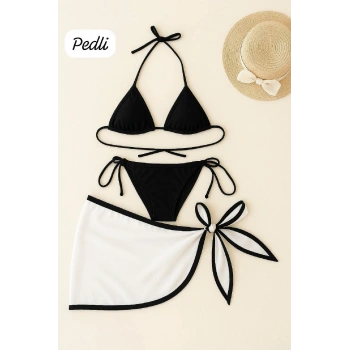 MARSiLYAN- Kadın Siyah Beyaz Pareolu Yandan ve Boyundan Bağlamalı 3lü Bikini Takımı