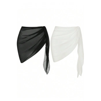 MARSiLYAN- Kadın Siyah Beyaz Transparan Belden Bağlamalı Pareo 2li
