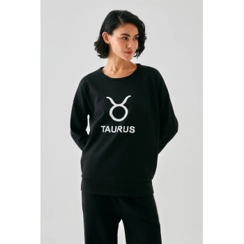 MARSiLYAN- Kadın Siyah Boğa Burcu Oversize 2 İplik Eşofman Ev Giyim Takımı