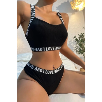MARSiLYAN- Kadın Siyah Çapraz Sırt Ve Love Yazı Detaylı Iç Çamaşır Takımı