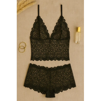 MARSiLYAN- Kadın Siyah Dantel Bralet Şort Takımı – Şık, Zarif ve Feminen İç Giyim