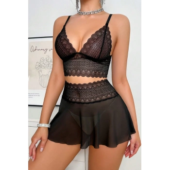 MARSiLYAN- Kadın Siyah Dantel ve Tül Detaylı Etekli Şık Gecelik Takımı