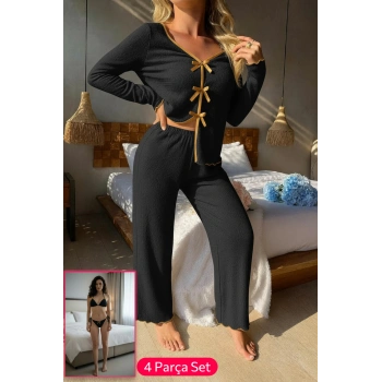 MARSiLYAN- Kadın Siyah Fiyonklu İç Çamaşırı ve Uzun Kollu V Yaka Pijama Takımı 4lü Set