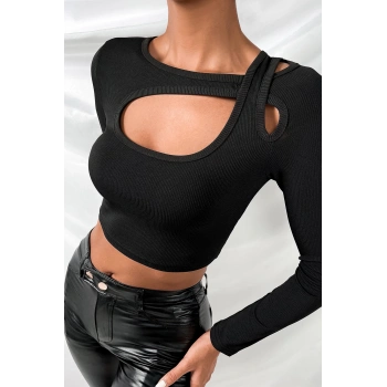 MARSiLYAN- Kadın Siyah Göğüs Dekolteli Çapraz Askılı Uzun Kollu Crop Top Bluz