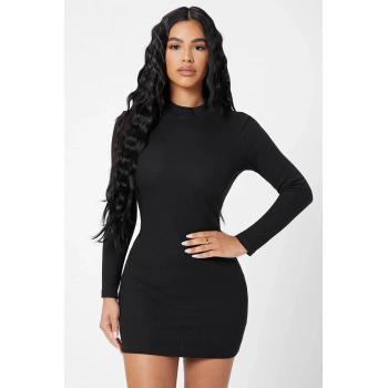 MARSiLYAN- Kadın Siyah Kaşkorse Balıkçı Yaka Uzun Kollu Bodycon Mini Elbise
