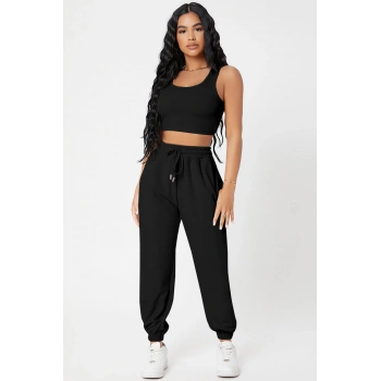 MARSiLYAN- Kadın Siyah Kaşkorse Cepli Jogger Eşofman Altı ve Crop Top Bluz